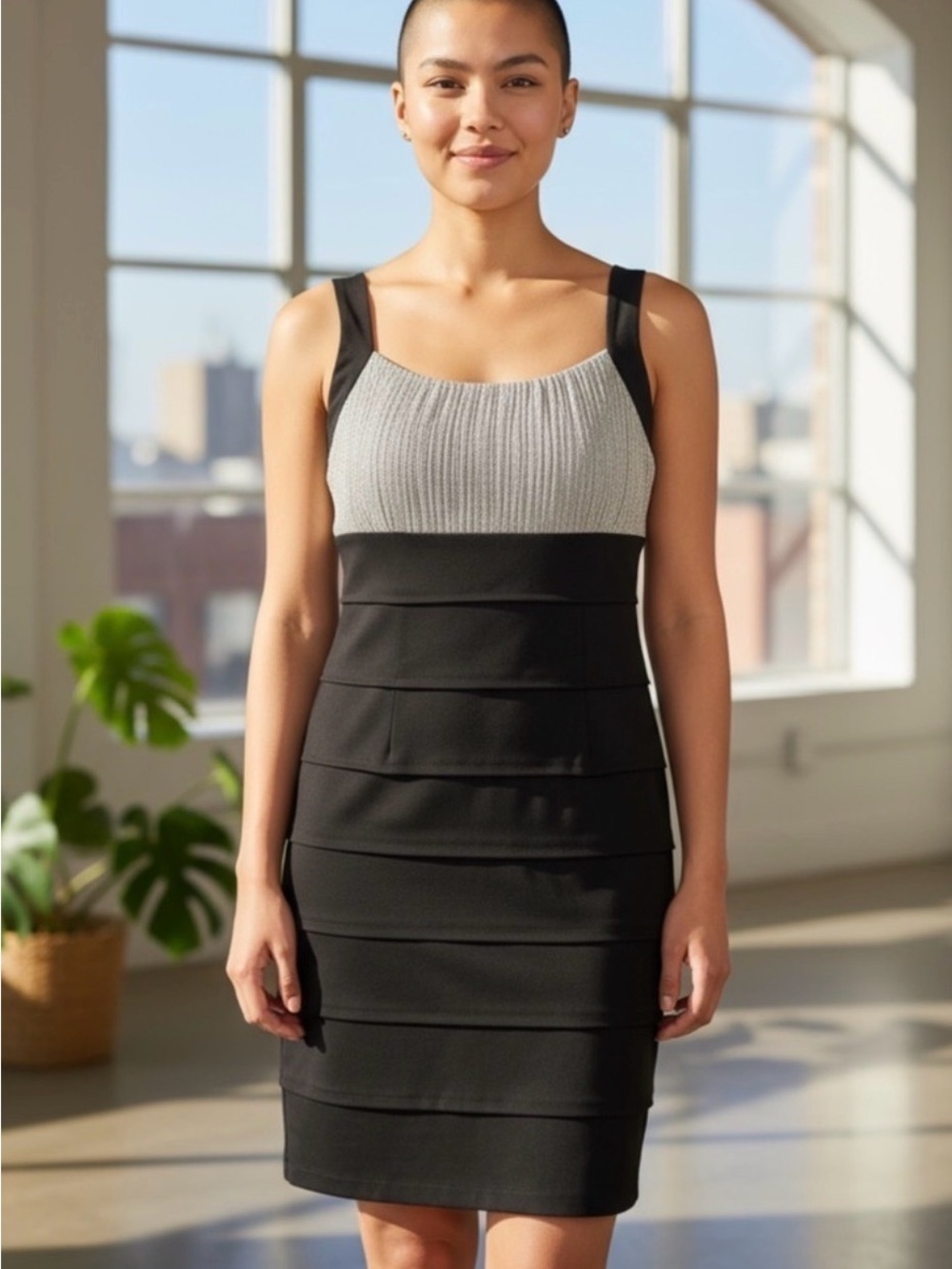 Enfocus Studio Black and Silver Sleeveless Midi Bandage Dress